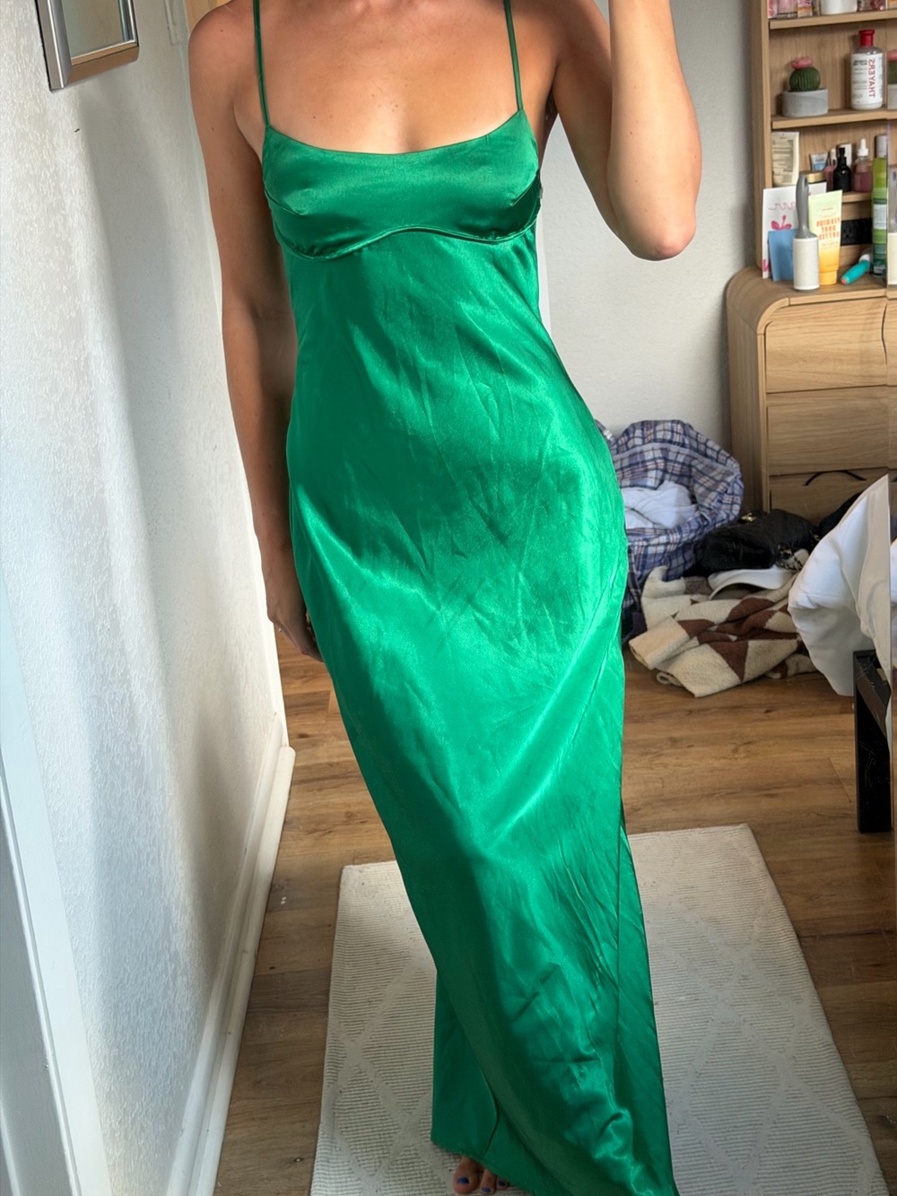 Emerald Green Satin Slip Maxi Dress with Spaghetti Straps